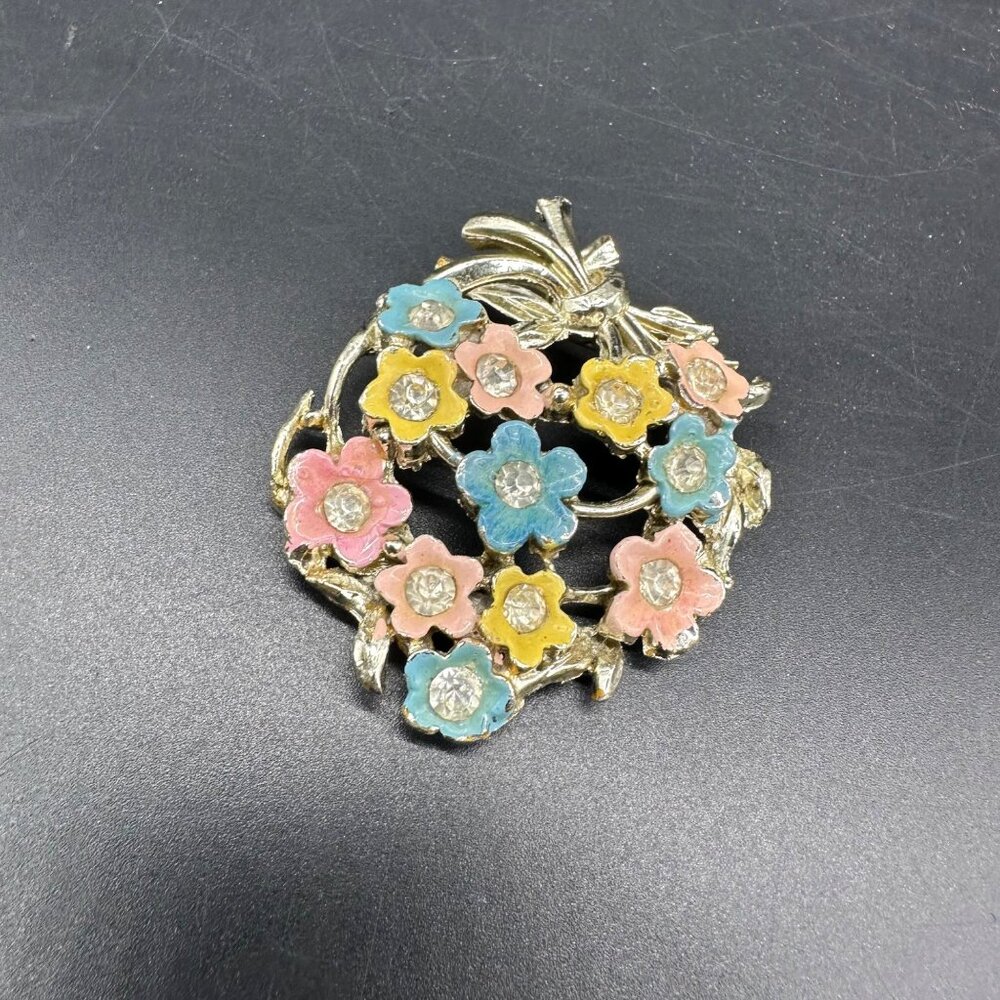 Vintage Floral Brooch Pin Enamel Rhinestone Pastel Flowers Retro Spring Jewelry